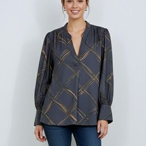 Banana Republic‎ XL Navy Plaid Split Neck Satin Top Blouse Bishop Sleeve Career